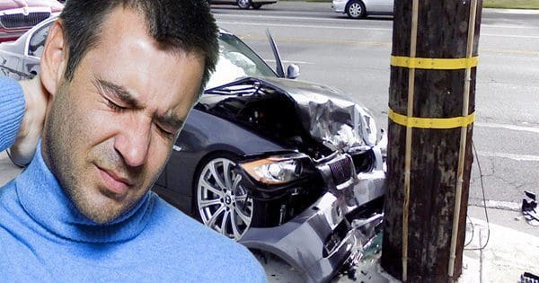 blog picture of man with neck injury after hitting a telephone pole with his car