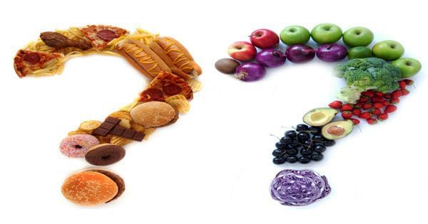 blog picture of junk food, fruits & vegetables arranged to look like question marks