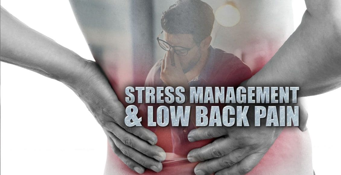 Close up image of the human body with an emphasis on lower back pain with a man showing stress.