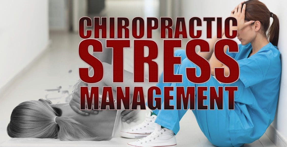 Image of a nurse with stress and a patient receiving chiropractic care and stress management for back pain.